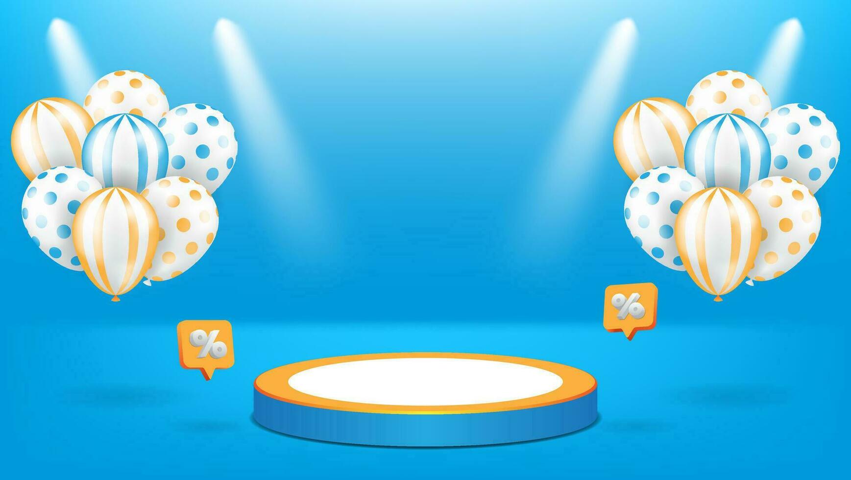3d Podium und Luftballons mit Blau, Orange und Weiß Farbe. Anzeige Produkt Präsentation. bunt Rabatt Podium. Vektor Illustration