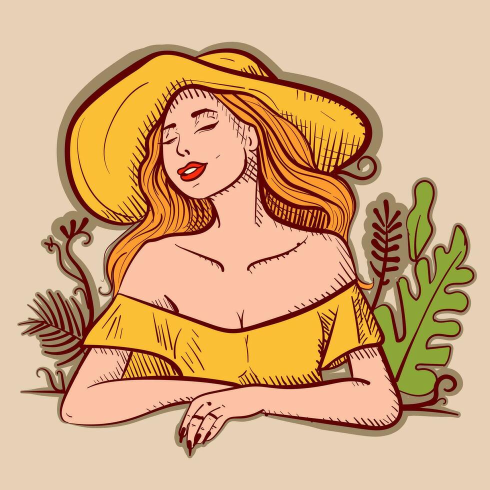 illustration av en kvinna på semester njuter Sol och löv runt om henne. vektor av en blond flicka i gul bär en hatt och solbad