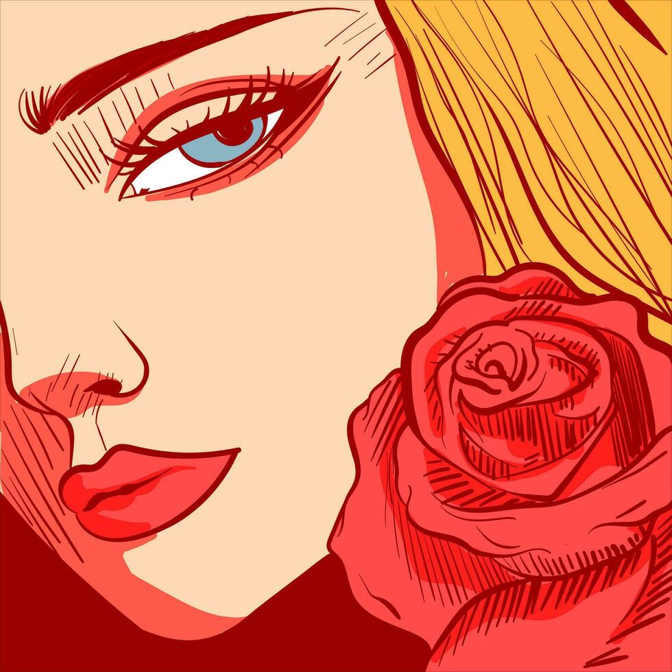 Digital Kunst von ein jung blond Frau mit Blau Augen. Nahansicht Illustration von ein Mädchen Gesicht und ein rot Rose. vektor