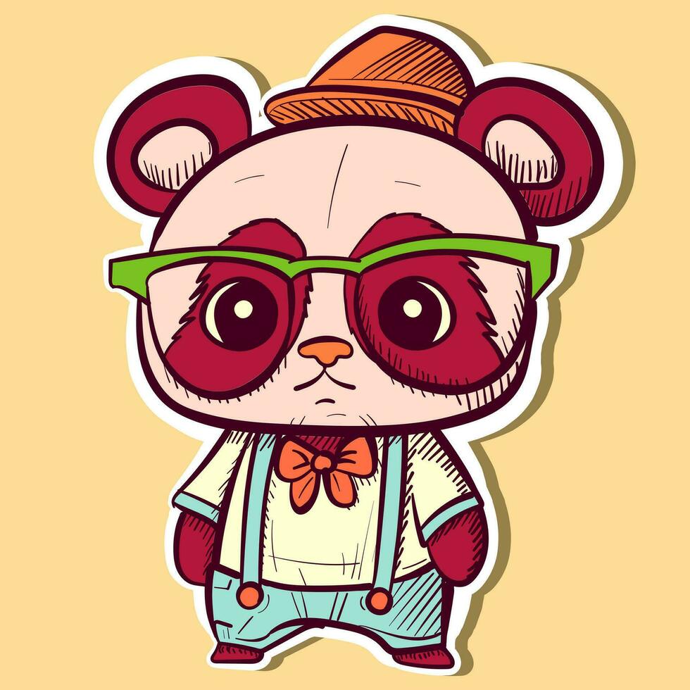 Illustration von ein kawaii Chibi Panda mit ein Hut, Brille und Shirt. Vektor von ein süß Hipster Bär tragen Gentleman Kleider