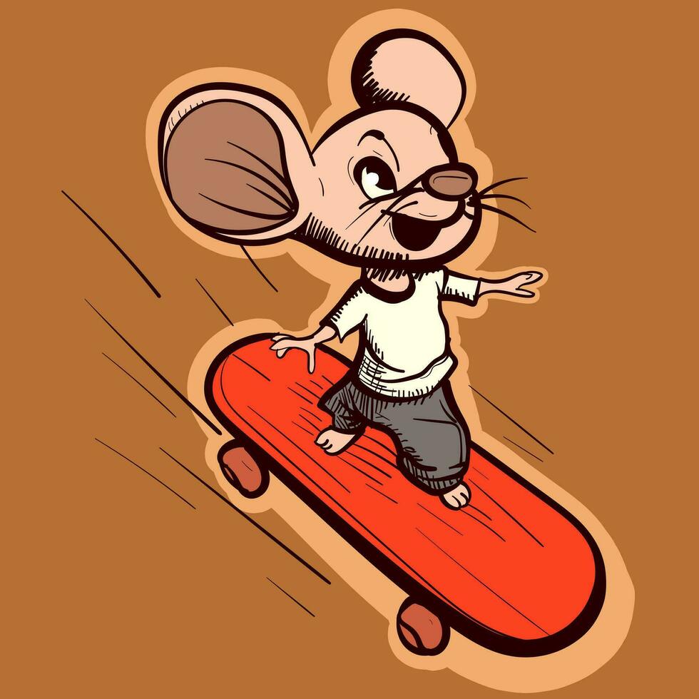 Illustration von ein klein glücklich Ratte im Bewegung auf ein Skateboard. Vektor von ein Skater Maus Karikatur Charakter auf ein Tafel.