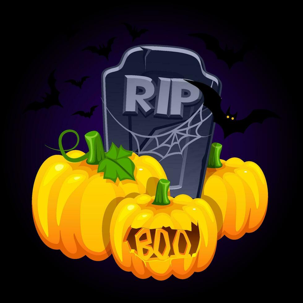 pumpor, gravsten och fladdermöss. halloween objekt för hälsning kort. halloween illustration vektor