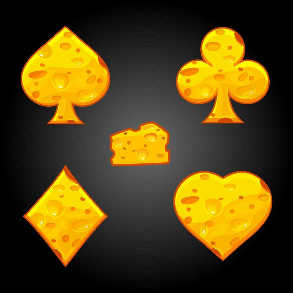 klubb, spader, diamant och hjärta kostym symboler i ost textur. tecknad serie ikoner vektor