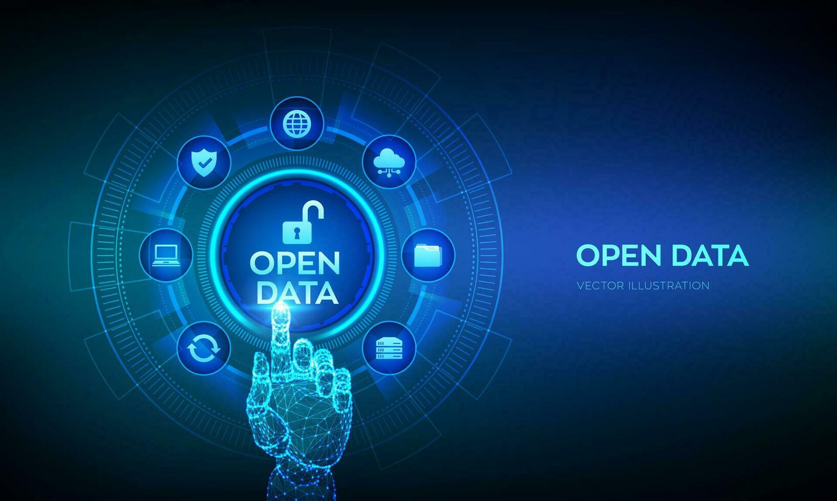 öppen data databas. digital fil lagring systemet programvara. uppkopplad dokumentation databas teknologi begrepp. dms. integration api . robot hand rörande digital gränssnitt. vektor illustration.