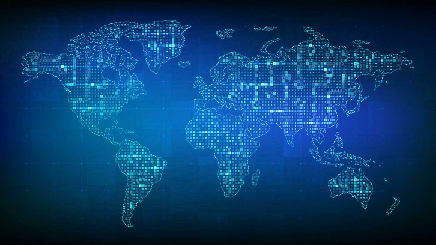 värld Karta. abstrakt Karta av planet tillverkad med binär koda. global nätverk förbindelse. trogen bakgrund med Karta av planet jorden. digital binär data och strömning digital koda. vektor illustration.