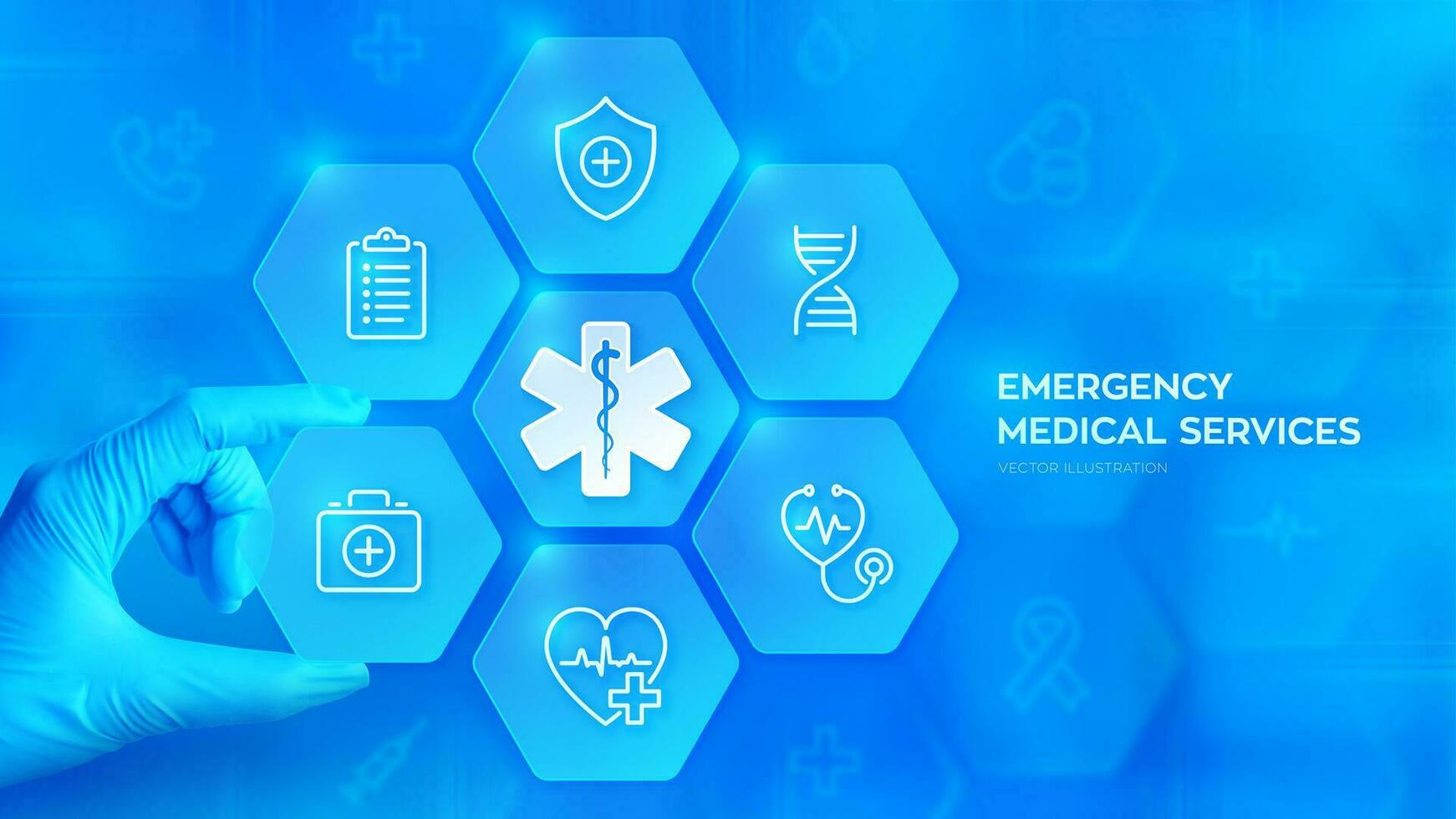 nödsituation medicinsk tjänster. nödsituation ringa upp. uppkopplad medicinsk Stöd. hand i blå handske platser ett element in i en sammansättning med medicinsk ikoner visualisera nödsituation tjänster. vektor illustration.