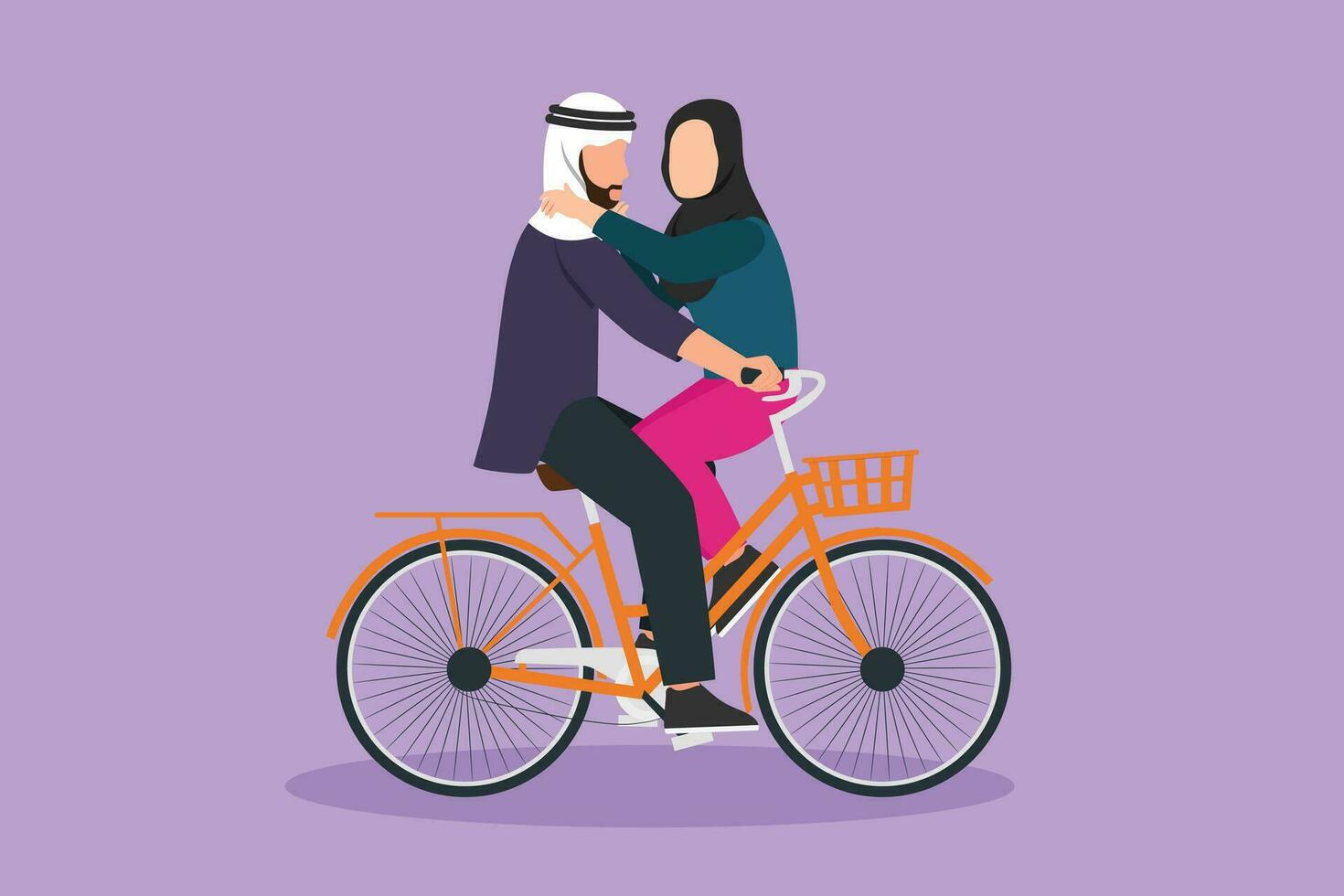 Grafik eben Design Zeichnung romantisch arabisch Paar Reiten auf Fahrrad zusammen. glücklich Mann und Frau Radfahrer umarmen, küssen jeder andere. Menschen genießen draußen Aktivität. Karikatur Stil Vektor Illustration