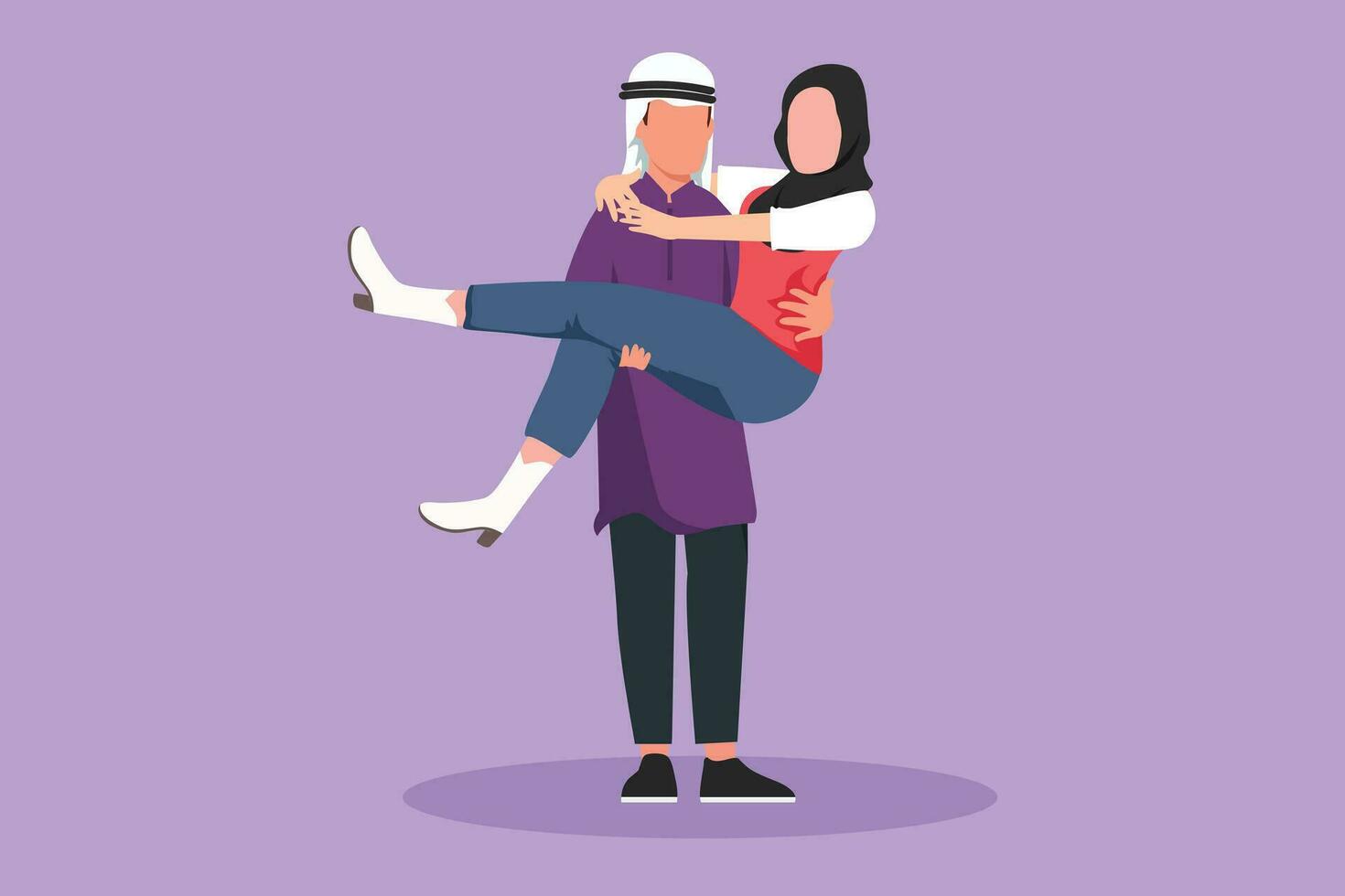 Karikatur eben Stil Zeichnung romantisch arabisch weiblich im Liebe küssen auf Runde männlich. glücklich Mann Tragen Schönheit Frau feiern Hochzeit Jubiläum. schön romantisch Paar. Grafik Design Vektor Illustration