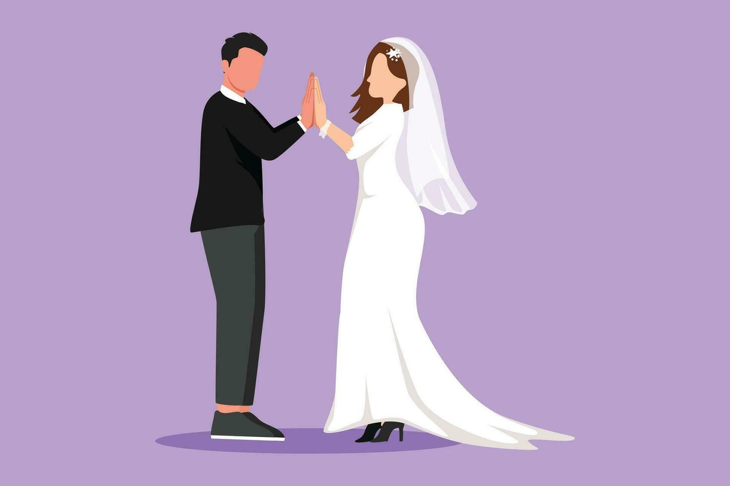 Karikatur eben Stil Zeichnung süß Mann und Frau tragen Hochzeit Kleid halten Hand und suchen im jeder andere Augen. Paar im Liebe Ausgaben Zeit zusammen. glücklich Familie. Grafik Design Vektor Illustration