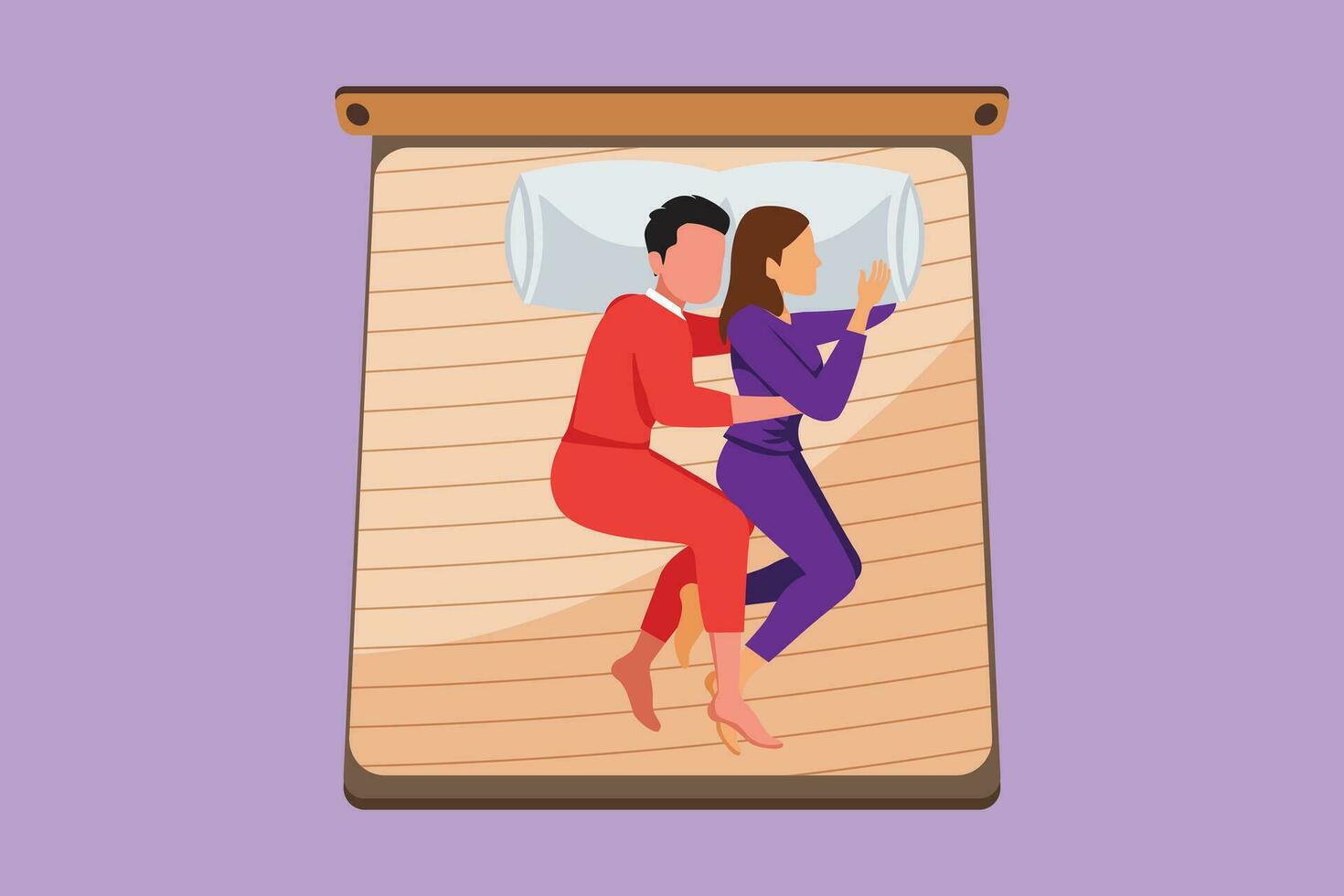 grafisk platt design teckning ung romantisk par kramas och liggande på säng. älskande försiktigt, försiktigt omfamning varje Övrig, ljuv dröm, viska ord av kärlek eller sova. tecknad serie stil vektor illustration