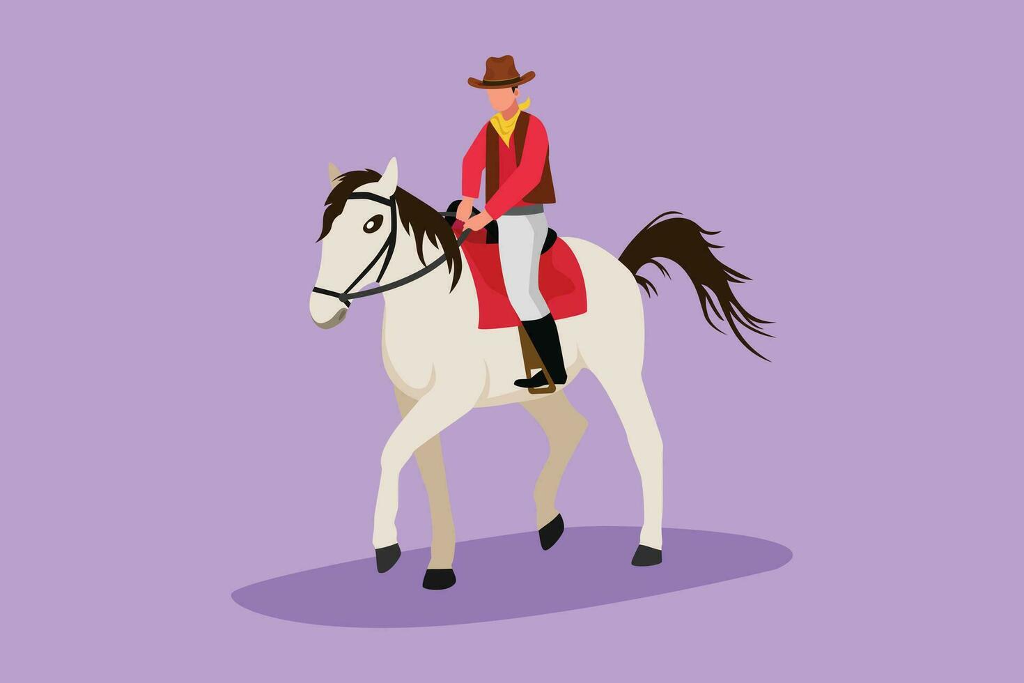 Karikatur eben Stil Zeichnung von stilisiert Cowboy Silhouette Reiten Pferd beim Sonnenuntergang. stark und mutig wild Westen Held, Mustang und Person draussen, Cowboy und Pferd Symbol. Grafik Design Vektor Illustration