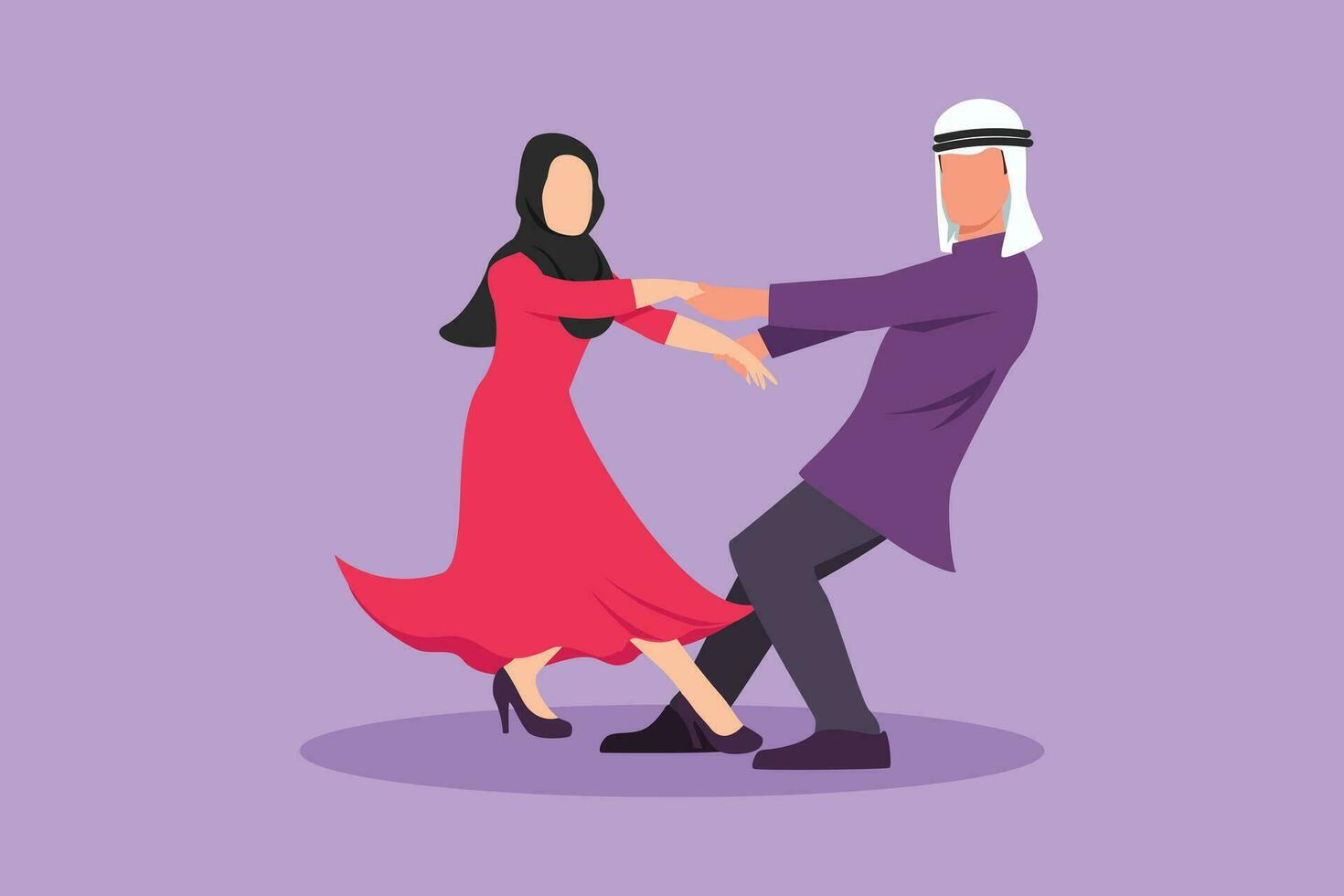 Charakter eben Zeichnung glücklich gut aussehend Kerl und ziemlich Mädchen Tanzen auf das Fußboden beim heim. romantisch arabisch Paar halten Hand und tanzen Spinnen um beim Hochzeit Party. Karikatur Design Vektor Illustration