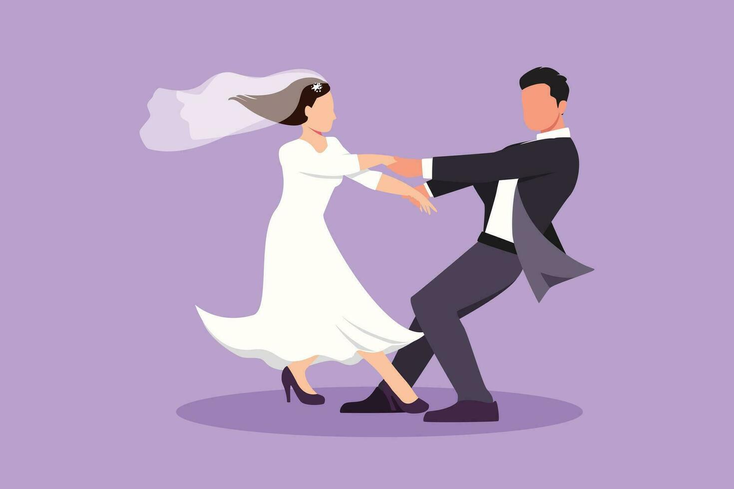 Karikatur eben Stil Zeichnung glücklich heiter Junge und ziemlich Mädchen Tanzen auf das Fußboden beim Hochzeit Party. romantisch jung Hochzeit Paar halten Hände und Spinnen um. Grafik Design Vektor Illustration