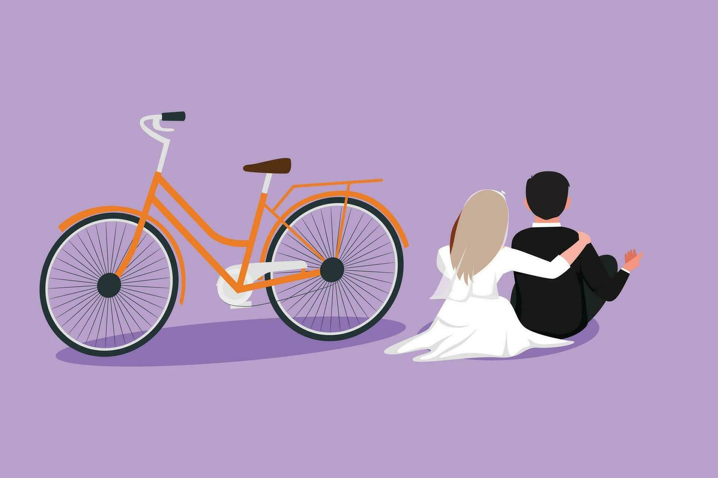 grafisk platt design teckning tillbaka se av romantisk gift par Sammanträde utomhus med cykel Nästa till dem. Lycklig man och Söt kvinna i kärlek bär bröllop klänning. tecknad serie stil vektor illustration