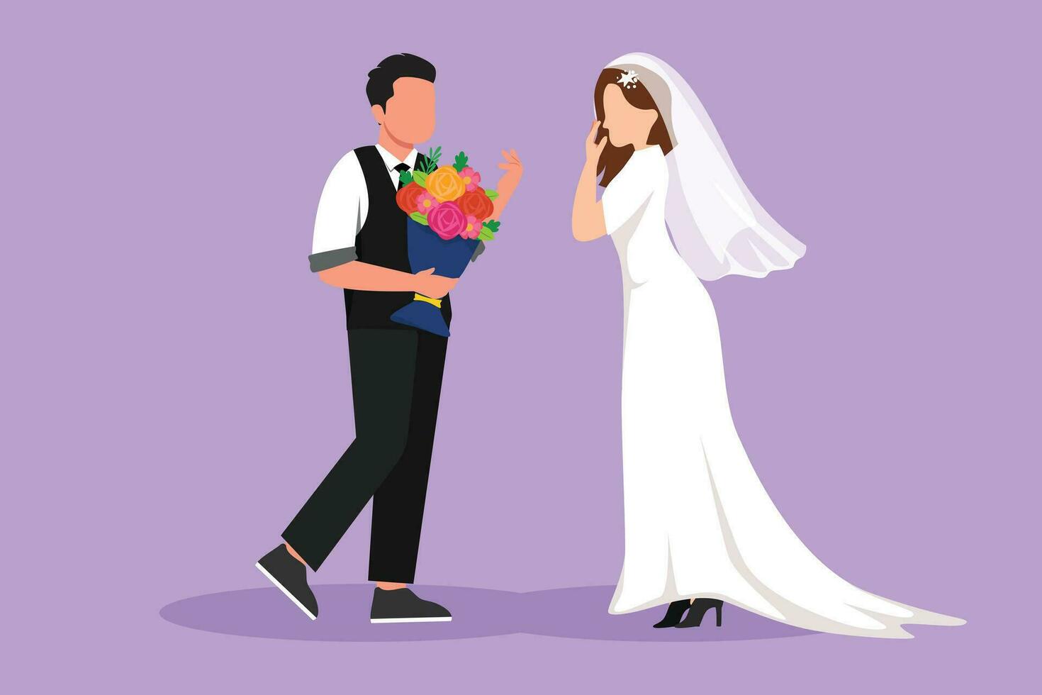tecknad serie platt stil teckning Lycklig man framställning förslag äktenskap till kvinna med bukett. pojke överraskningar hans flicka bär bröllop klänning och ger blommor. kärlek relation. grafisk design vektor illustration