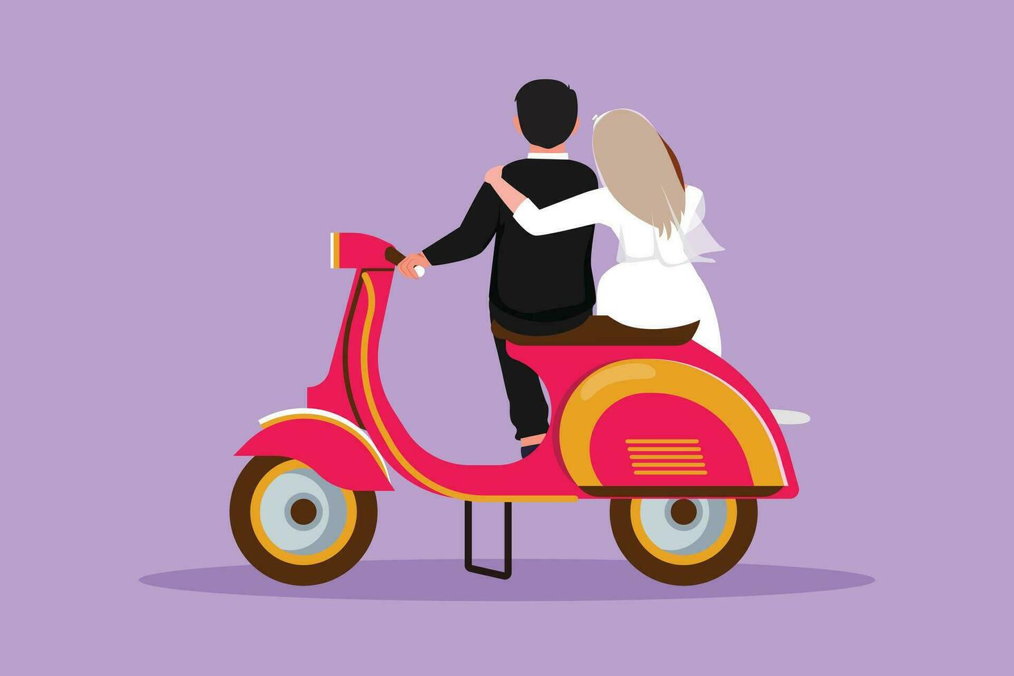 Karikatur eben Stil Zeichnung zurück Aussicht von verheiratet Fahrer Paar Reise. romantisch Flitterwochen Moment mit umarmen. Mann Frau mit Hochzeit Kleid Reiten Roller Motorrad. Grafik Design Vektor Illustration