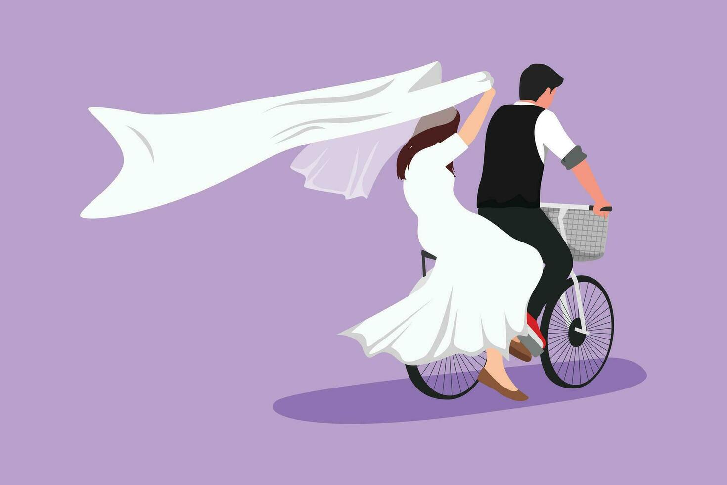 Karikatur eben Stil Zeichnung glücklich verheiratet Paar haben Spaß auf Datum Reiten Fahrrad im Liebe. zurück Aussicht von romantisch Teenager Paar Reiten Fahrrad auf Straße mit Hochzeit Kleid. Grafik Design Vektor Illustration