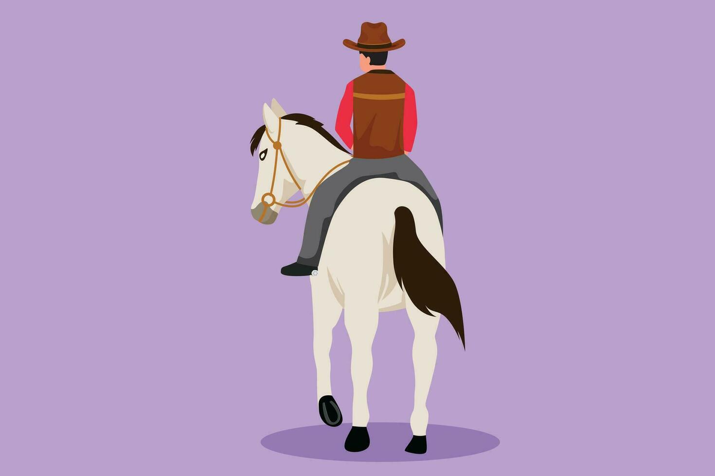Charakter eben Zeichnung zurück Aussicht von Cowboy Reiten Pferde im Wüste auf hölzern unterzeichnen. süß Mustang und Person draussen beim Sonnenuntergang. stilisiert Cowboy und Pferd Symbol oder Logo. Karikatur Design Vektor Illustration