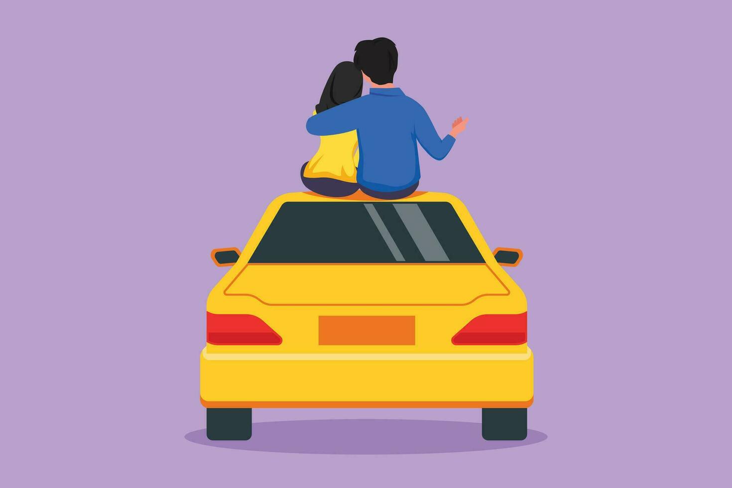 tecknad serie platt stil teckning tillbaka se av kärleksfull romantisk arab par Sammanträde på topp av bil. Lycklig par få redo för bröllop. engagemang och kärlek relationer. grafisk design vektor illustration