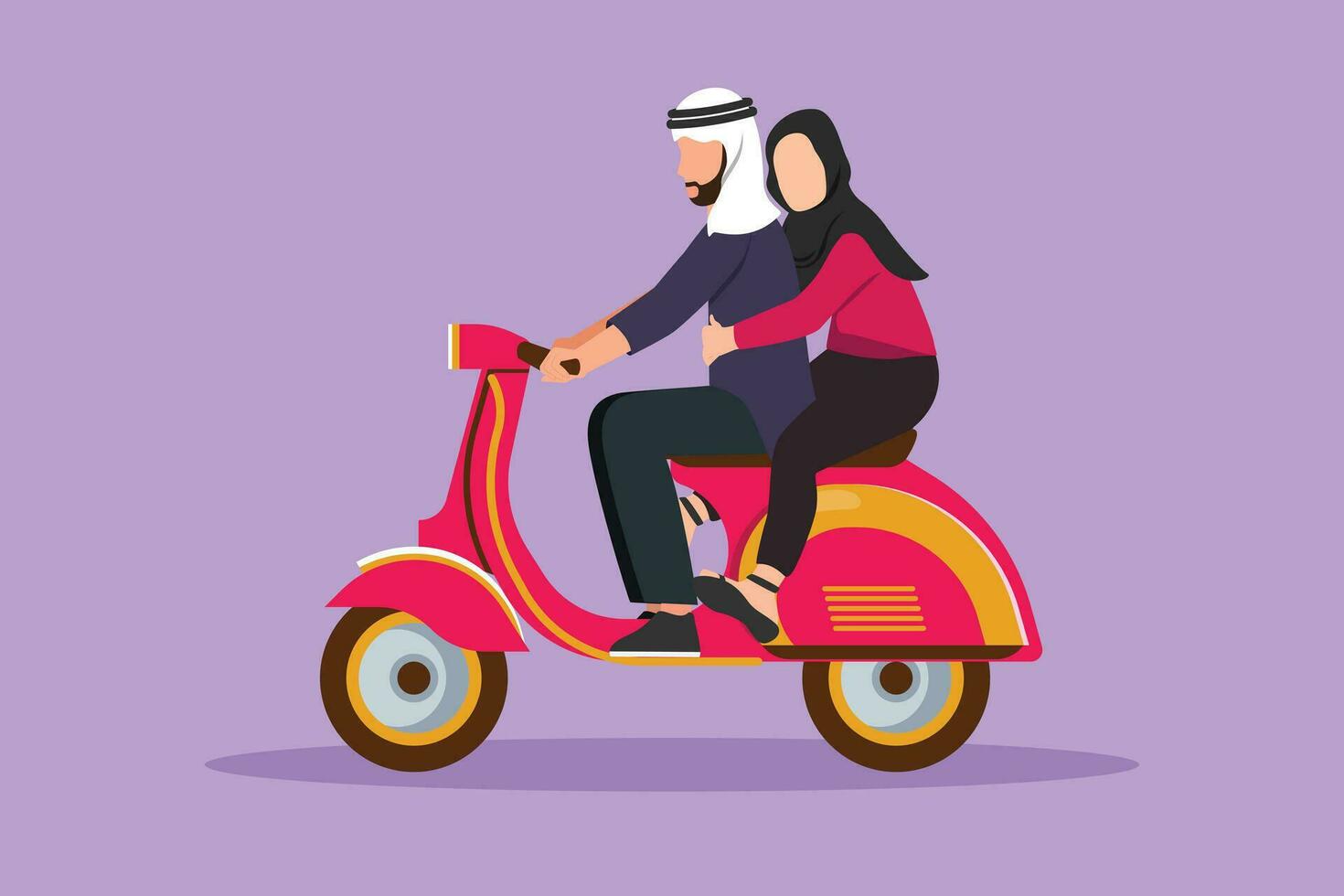 Karikatur eben Stil Zeichnung romantisch arabisch Paar Reiten Motorrad. Mann Fahren Roller und Frau Passagier während umarmen. Fahren um Stadt. Fahrt sicher Konzept. Grafik Design Vektor Illustration