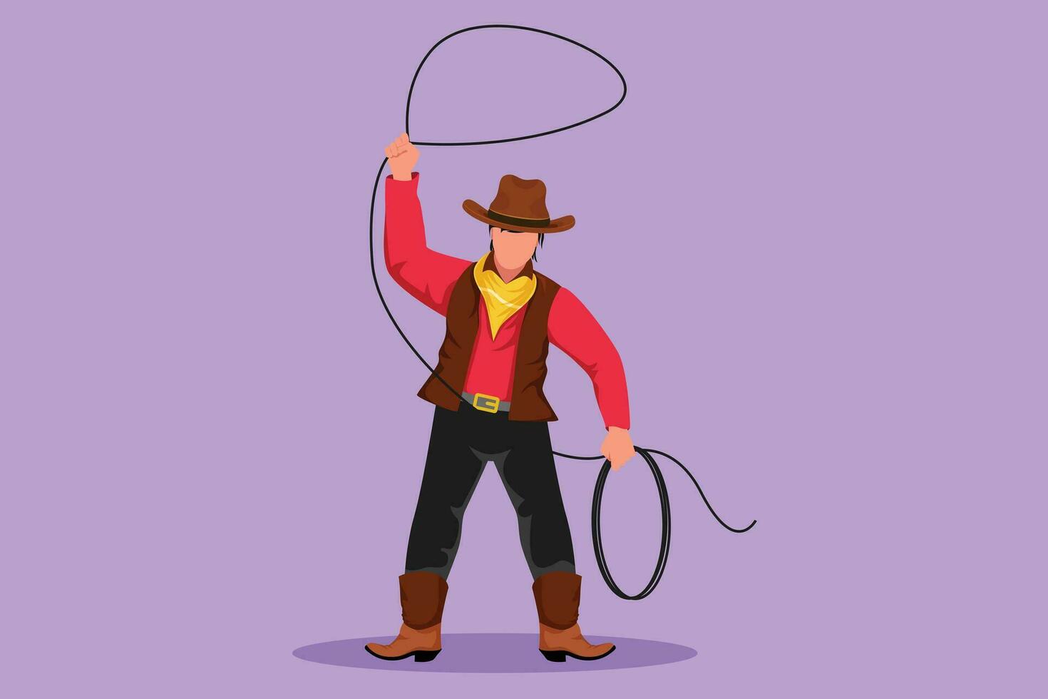 Charakter eben Zeichnung von Western Cowboy Stehen und werfen Lasso mit wild Westen Elemente. Mann mit Cowboy Hut drehen das Lasso Über seine Kopf beim wild Westen Wüste. Karikatur Design Vektor Illustration