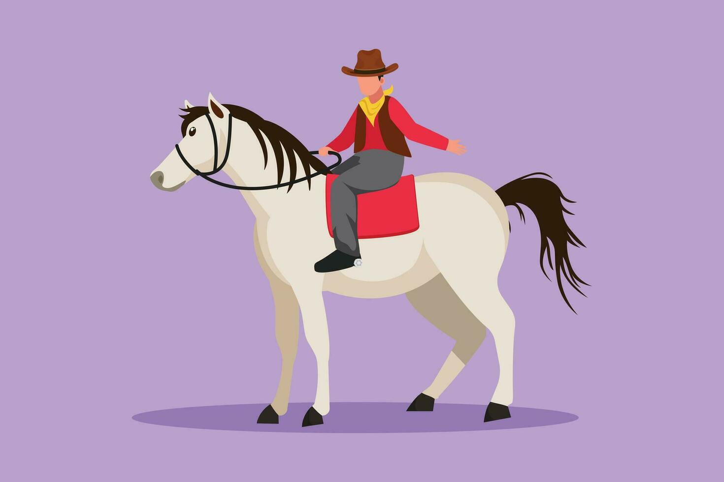 Charakter eben Zeichnung stilisiert jung Mann mit Cowboy Hut Reiten Pferd. stark und mutig Senior Männer Pose Eleganz auf zu Pferd. glücklich Cowboy Reiten Stehen Pferd. Karikatur Design Vektor Illustration