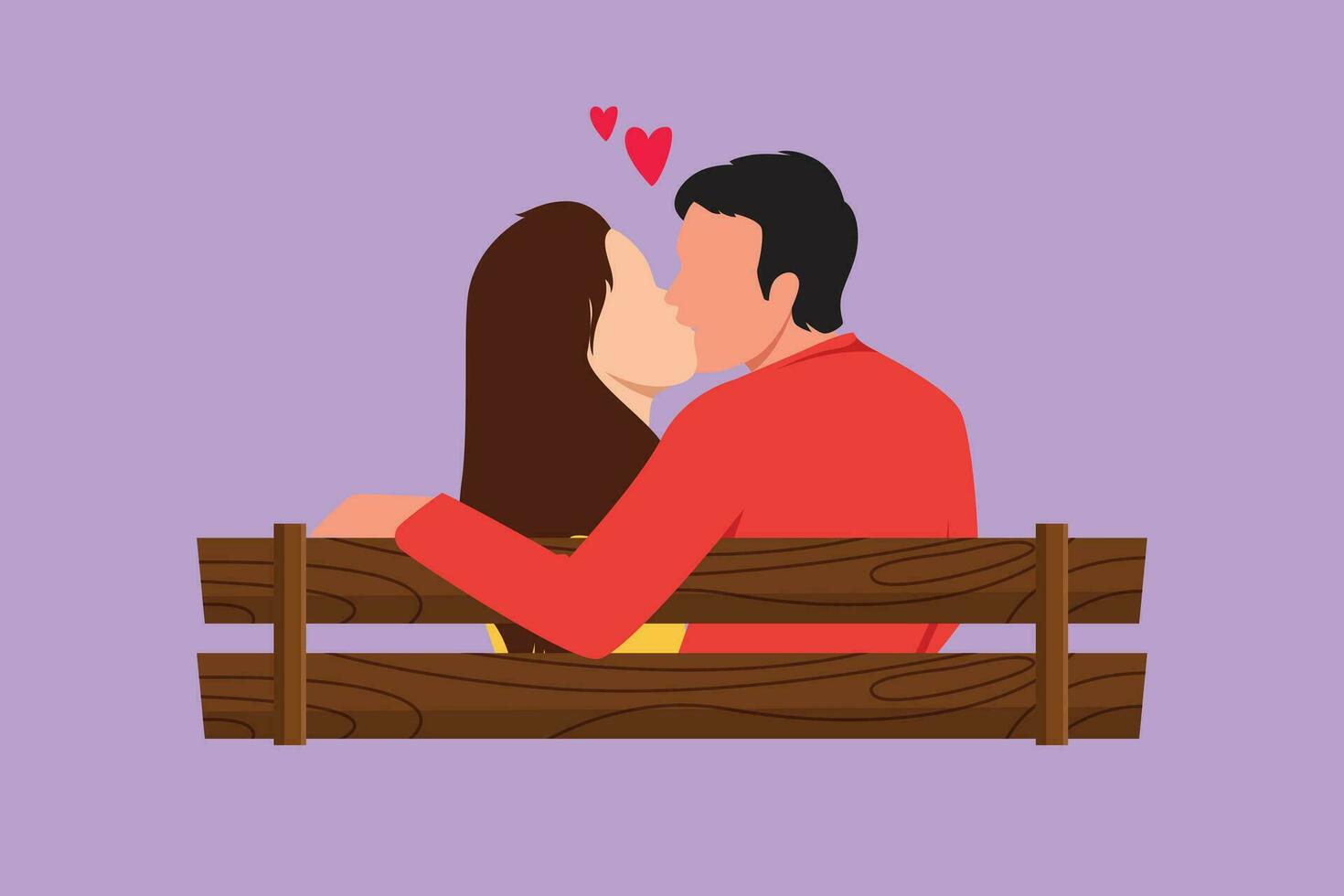 Grafik eben Design Zeichnung zurück Aussicht von romantisch Paar Süss küssen Sitzung auf Bank beim Park im schön Landschaft. glücklich Kerl und ziemlich Mädchen Beziehung im Liebe. Karikatur Stil Vektor Illustration