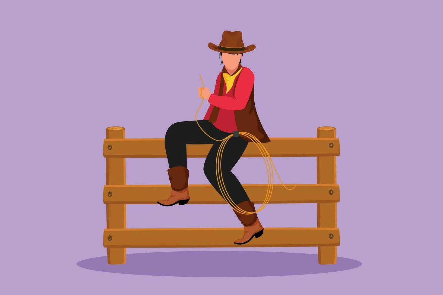 grafisk platt design teckning amerikan cowboy med lasso rep Sammanträde på en trä- staket med vild väst solnedgång landskap i de kväll. cowboy livsstil i de stallar. tecknad serie stil vektor illustration