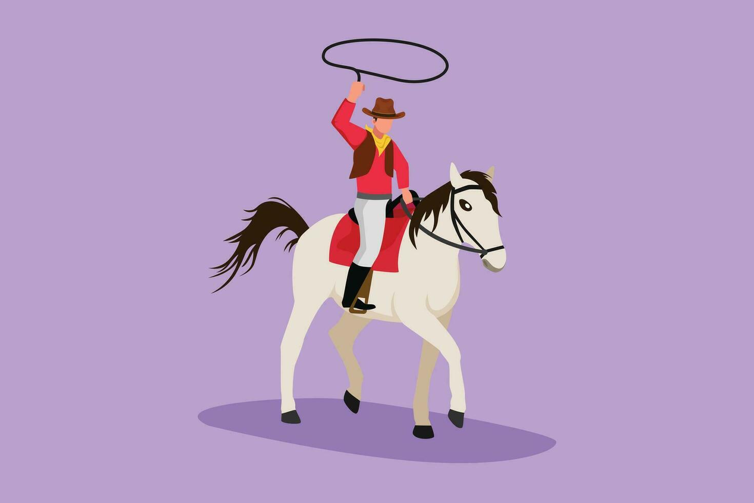 karaktär platt teckning stiliserade cowboy med rep lasso på häst. stark amerikan cowboy ridning häst och kasta lasso. cowboy på bucking häst löpning med lasso. tecknad serie design vektor illustration