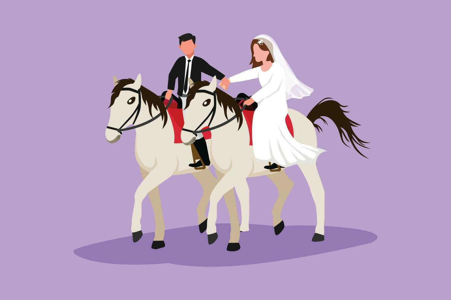 Karikatur eben Stil Zeichnung verheiratet Paar Reiten Pferde Hand im Hand mit Hochzeit Kleid. Mann Herstellung Vorschlag Ehe zu Schönheit Frau. Engagement und Liebe Beziehung. Grafik Design Vektor Illustration