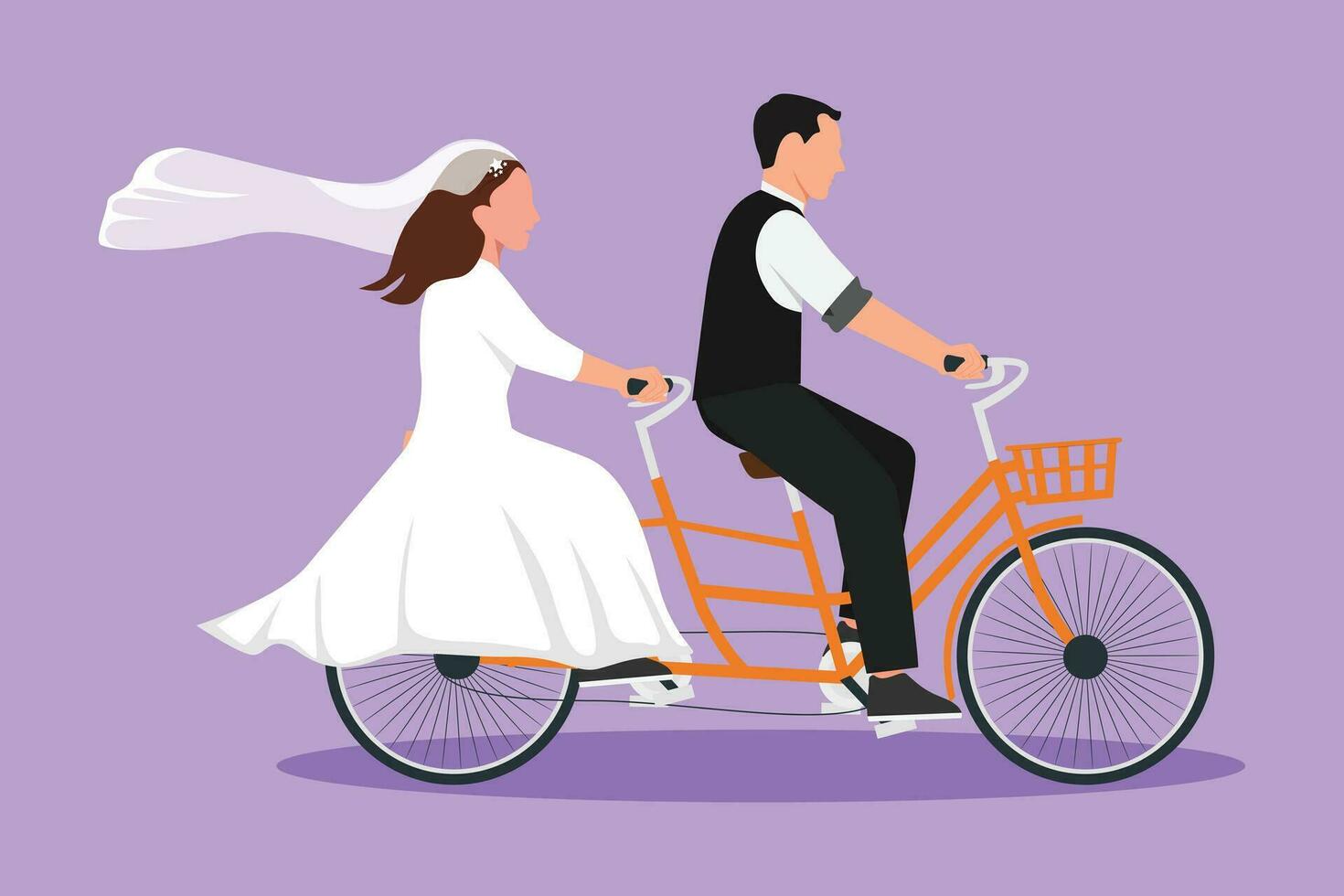 grafisk platt design teckning ljuv romantisk gift par. söt par är ridning tandem cykel tillsammans. Lycklig ljuv familj. intimitet firar bröllop firande. tecknad serie stil vektor illustration