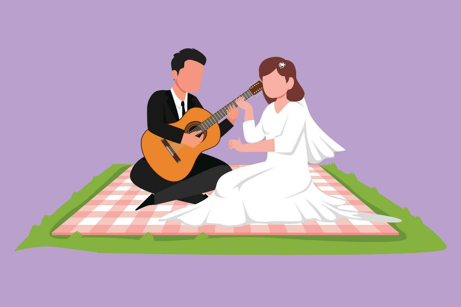 Grafik eben Design Zeichnung glücklich verheiratet Paar von Liebhaber hat Sitzung auf Natur. romantisch Mann spielen Musik- auf Gitarre, süß Mädchen Hör mal zu und Singen beim Hochzeit Party. Karikatur Stil Vektor Illustration