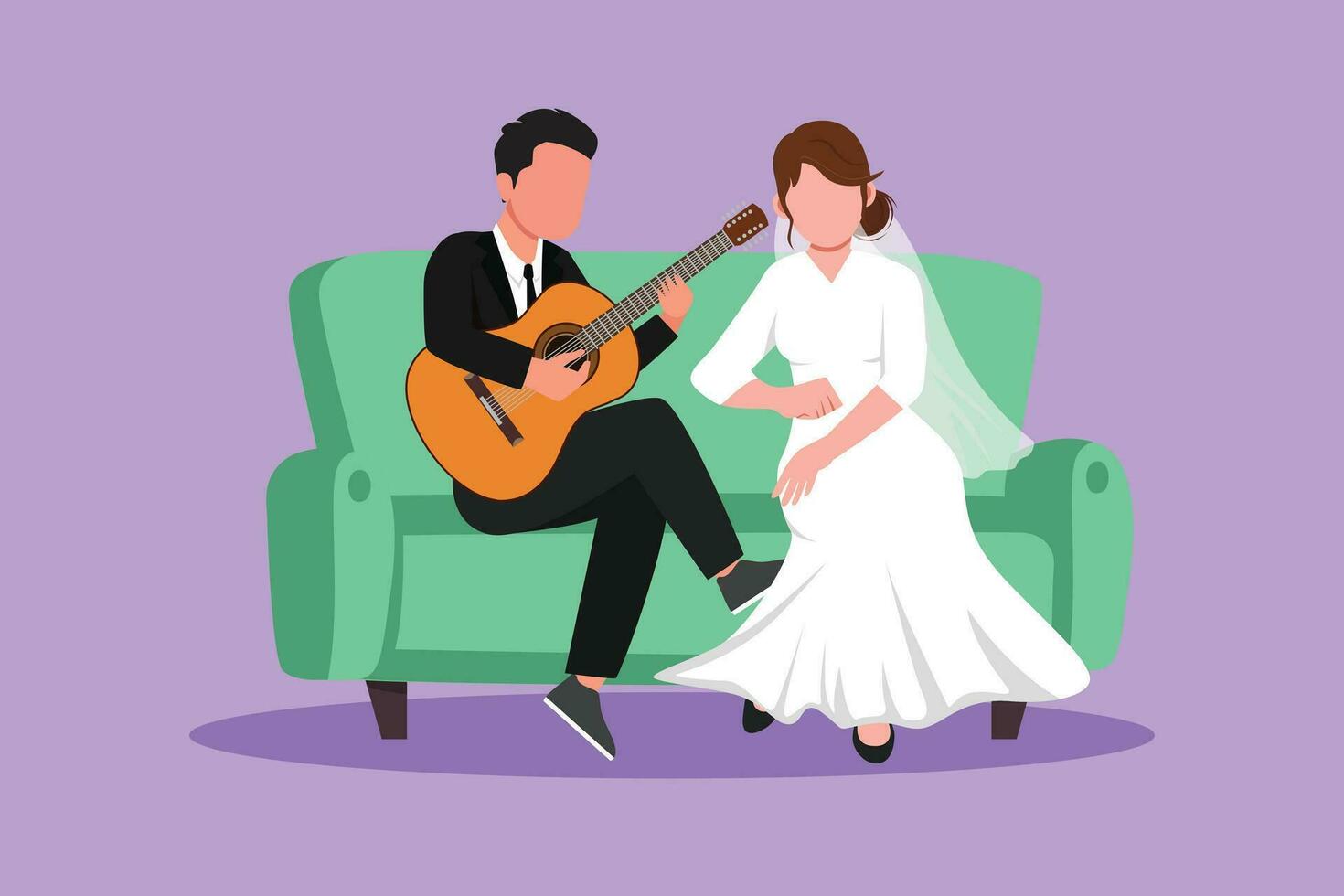 Charakter eben Zeichnung verheiratet Paar im Liebe. Mann mit passen ist spielen Gitarre zu seine Ehefrau im Leben Zimmer auf Sofa. süß Frau mit Hochzeit Kleid Hör mal zu und Singen. Karikatur Design Vektor Illustration