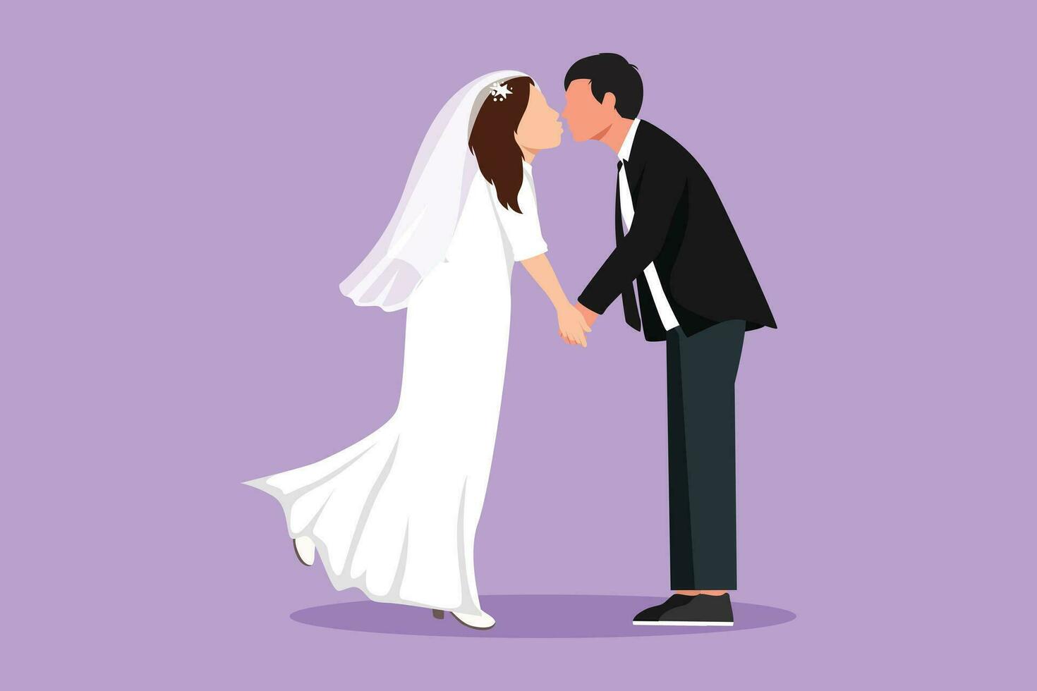 Grafik eben Design Zeichnung süß romantisch verheiratet Paar mit Lippen gesperrt im Kuss. glücklich Mann und schön Frau Liebhaber küssen und halten Hände mit Hochzeit Kleid. Karikatur Stil Vektor Illustration