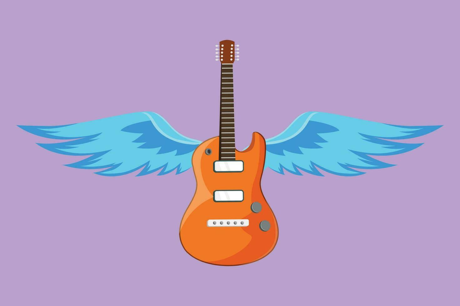 Charakter eben Zeichnung Gitarre Musical Emblem mit Flügel zum Festival Musik- Leistung. Musical Instrument. Felsen und rollen Konzert. akustisch Gitarre mit Flügel Logo. Karikatur Design Vektor Illustration