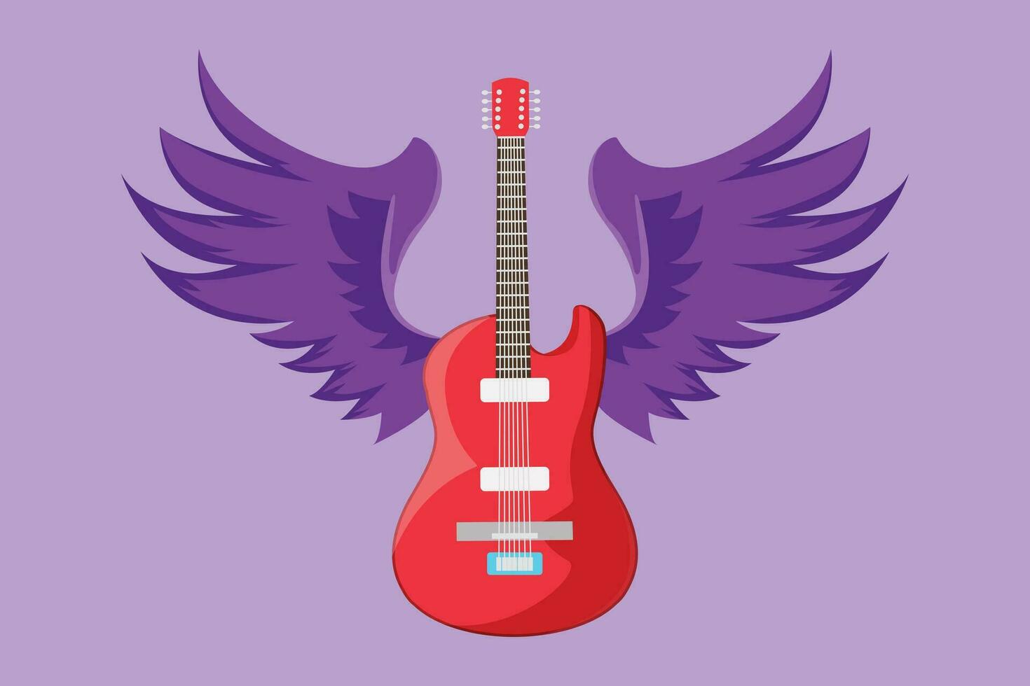 Karikatur eben Stil Zeichnung Felsen und rollen elektrisch Gitarre mit Flügel. Jahrgang Etikett, Symbol, Logo Gitarre zum Musical Leistung. Felsen Zeichen zum Musik- Festival Logo. Grafik Design Vektor Illustration