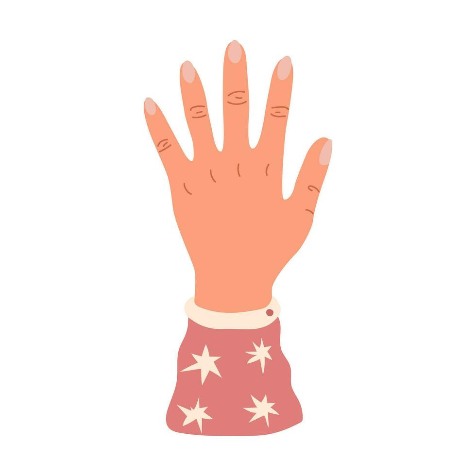 Hand angehoben hoch. Mensch Waffen mit Zubehör. Verbreitung Finger, draußen von Palme. farbig eben Vektor Illustration isoliert auf Weiß Hintergrund