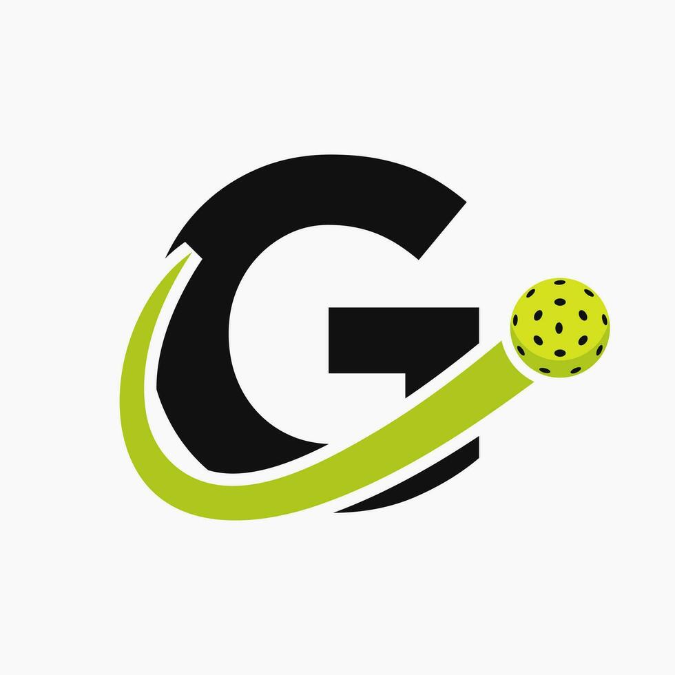 Brief G Pickleball Logo Konzept mit ziehen um Essiggurke Ball Symbol. Essiggurke Ball Logo vektor