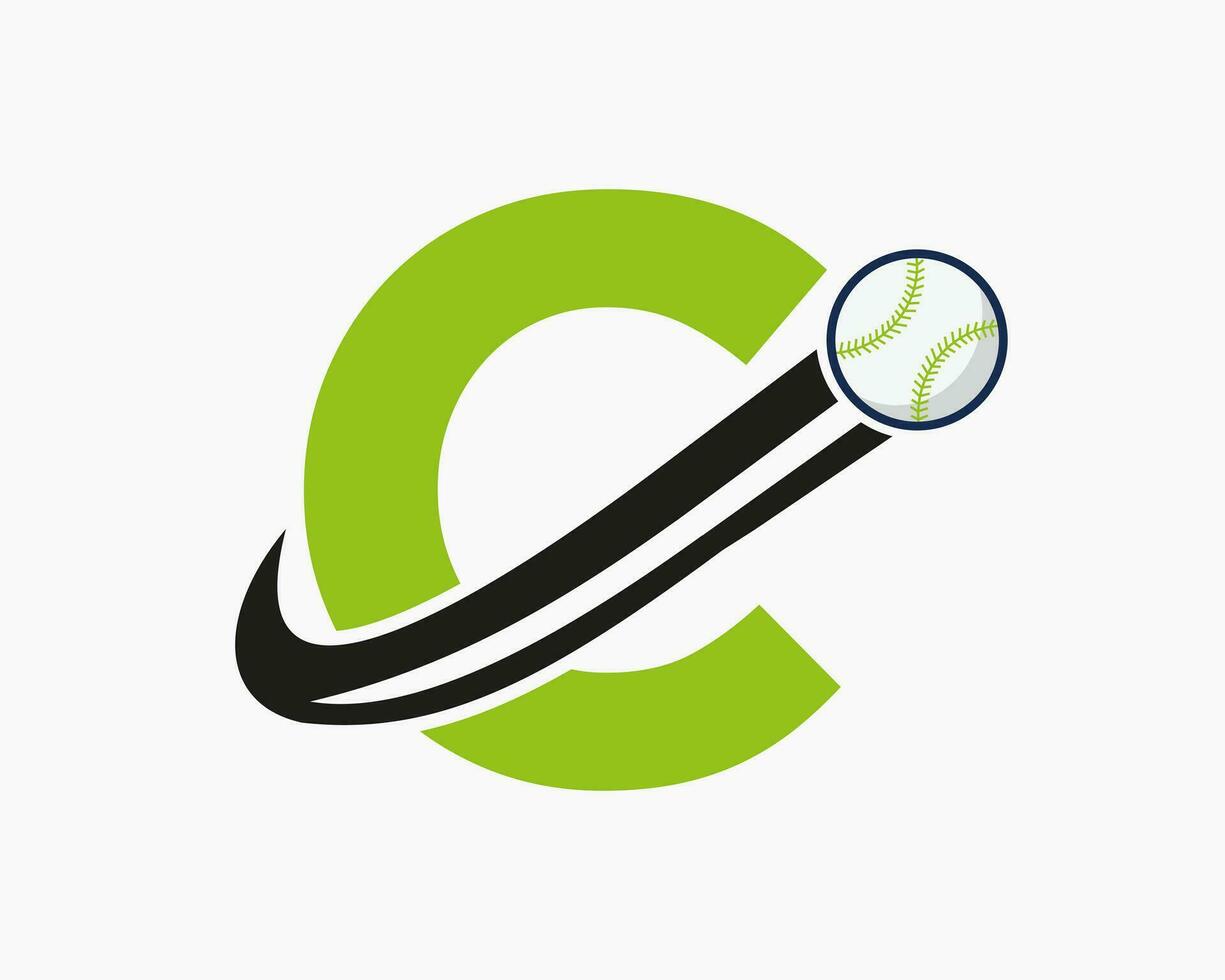 Anfangsbuchstabe c Baseball-Logo-Konzept mit beweglicher Baseball-Icon-Vektorvorlage vektor