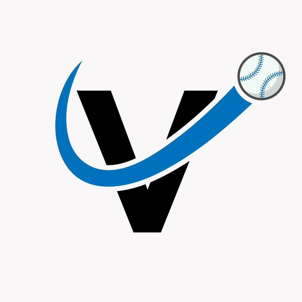 Buchstabe v Baseball-Logo-Konzept mit beweglicher Baseball-Icon-Vektorvorlage vektor