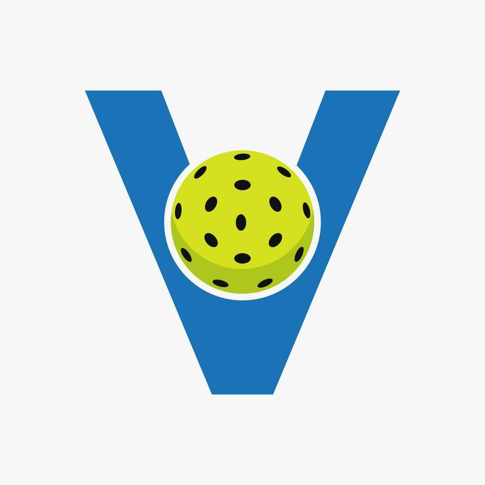 pickleball logotyp på brev v vektor mall. ättikslag boll logotyp