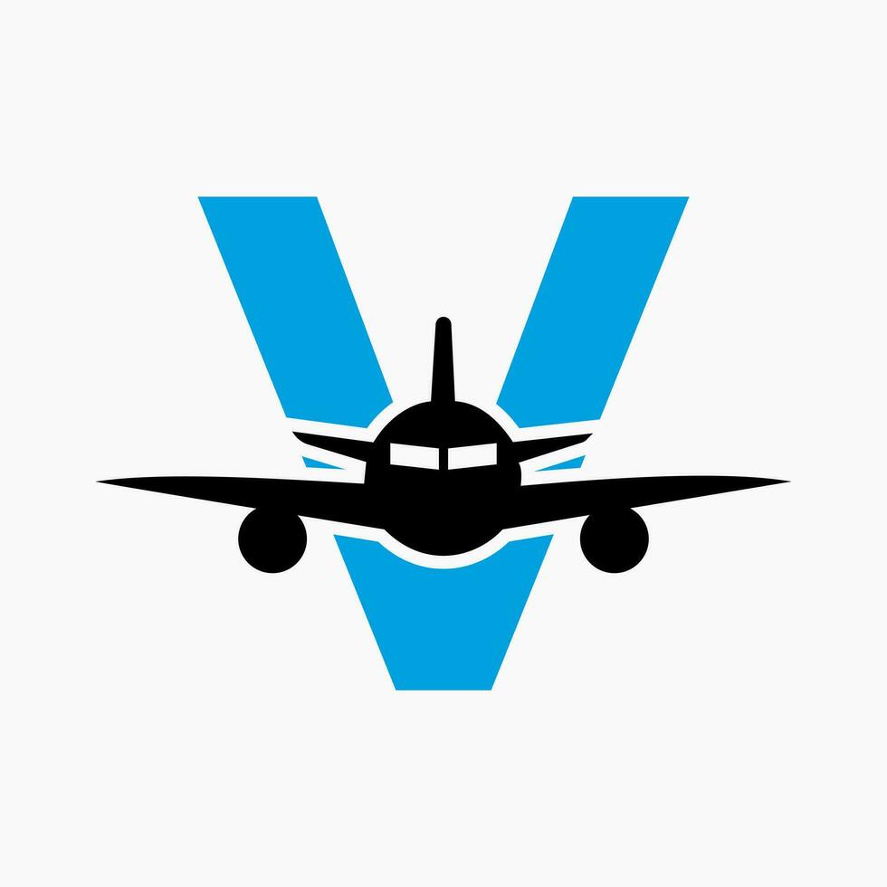 första brev v resa logotyp begrepp med flygande luft plan symbol vektor