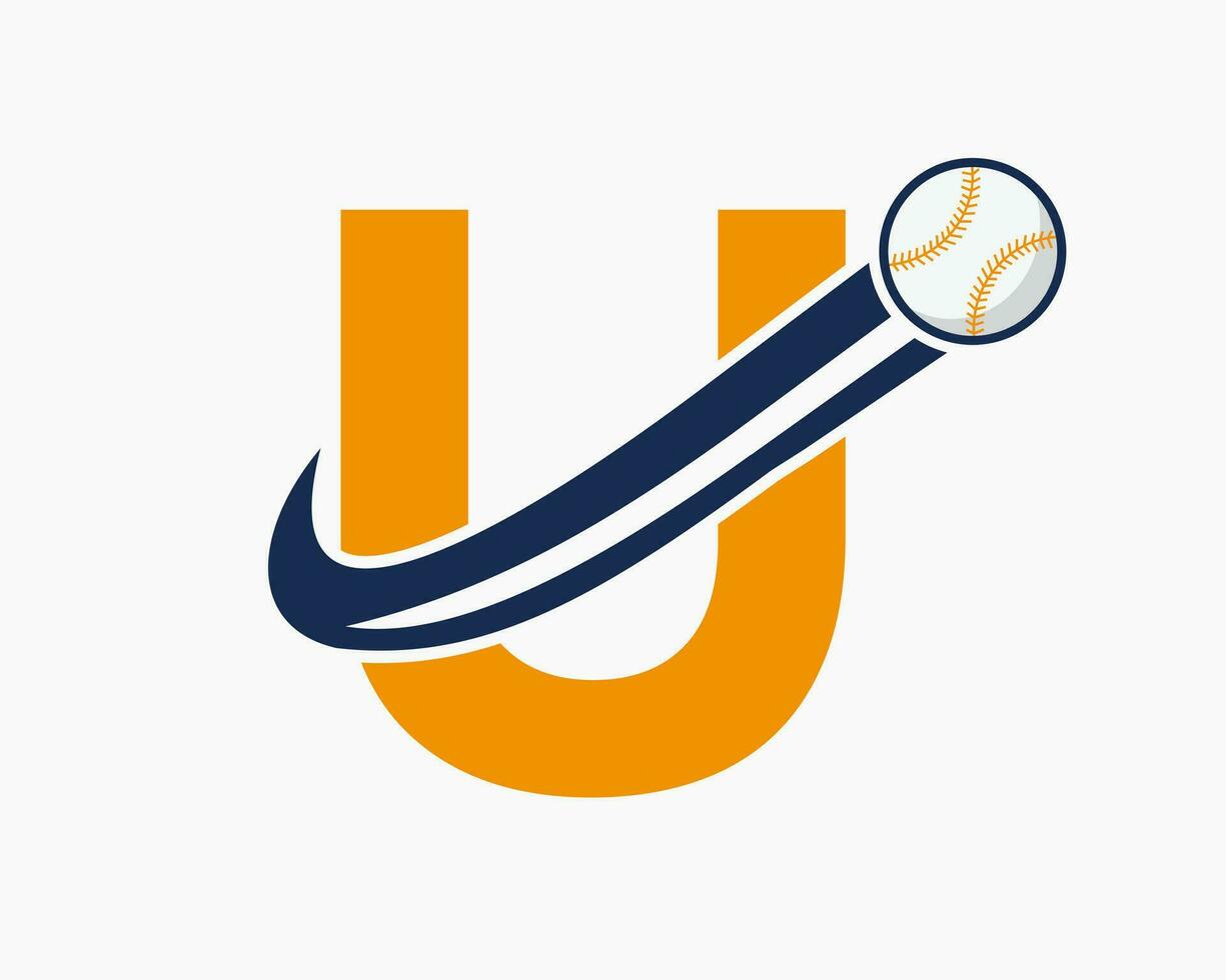 Anfangsbuchstabe u Baseball-Logo-Konzept mit beweglicher Baseball-Icon-Vektorvorlage vektor