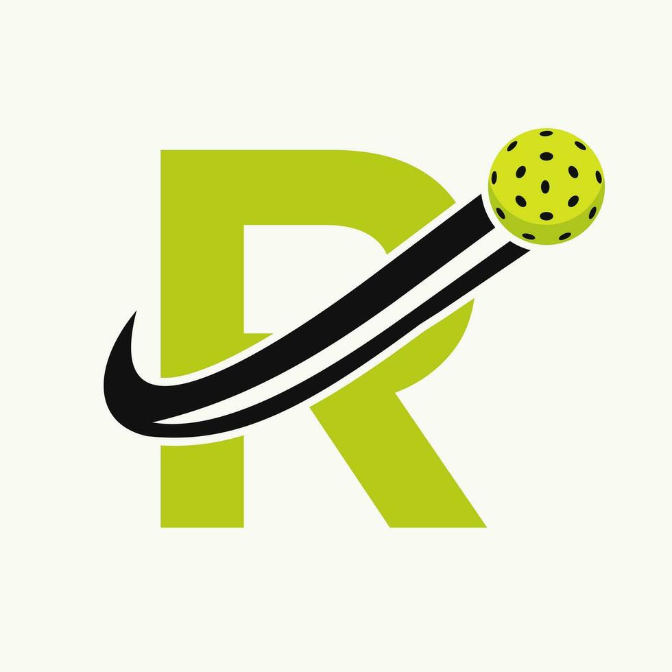 Brief r Pickleball Logo Konzept mit ziehen um Essiggurke Ball Symbol. Essiggurke Ball Logo vektor