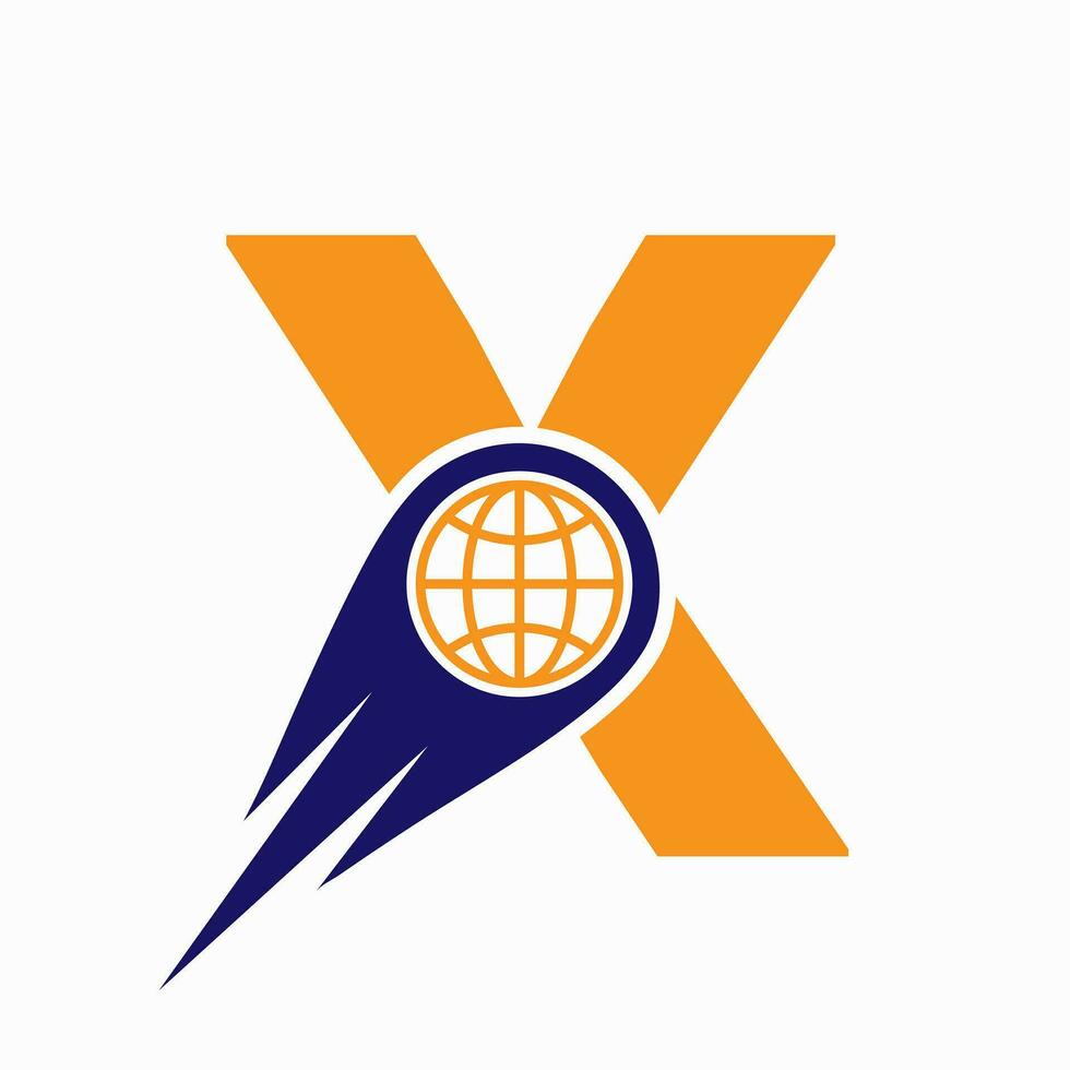 Brief x Logo Konzept mit global Welt Symbol Vektor Vorlage