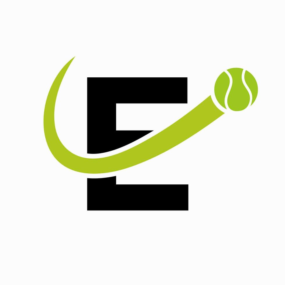 tennis logotyp design på brev e mall. tennis sport akademi, klubb logotyp vektor