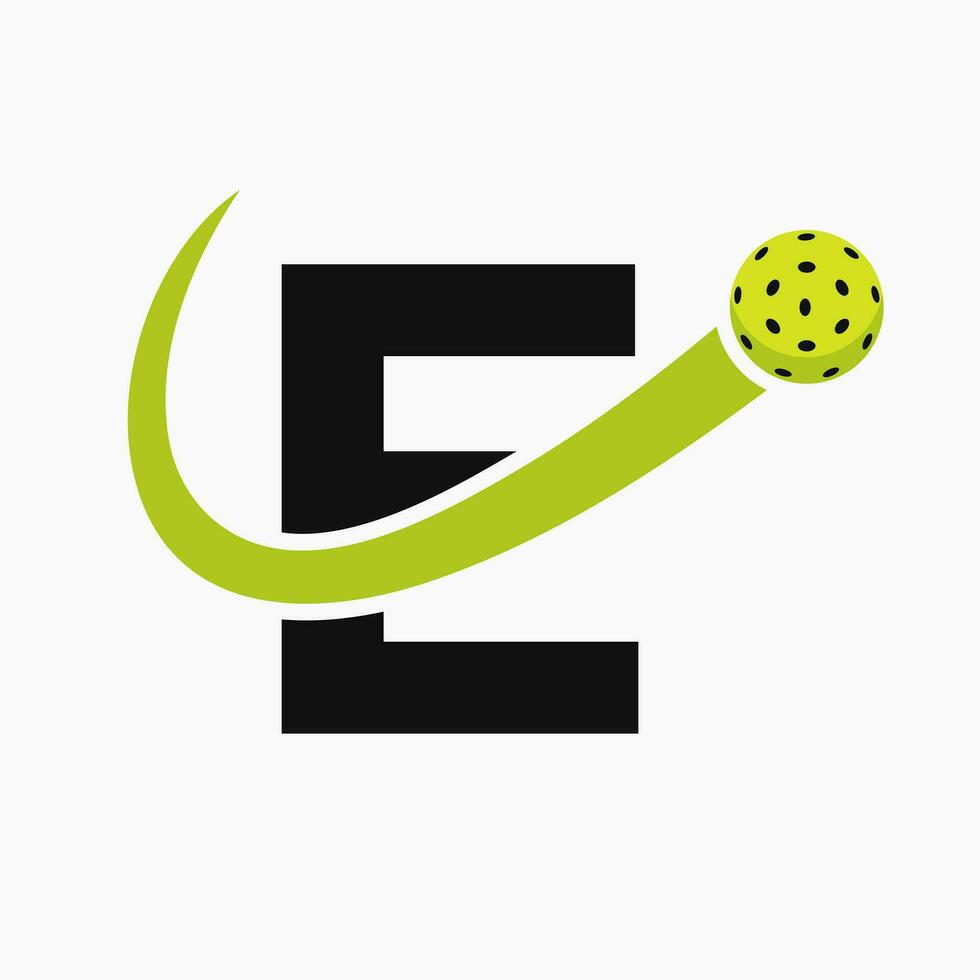 brev e pickleball logotyp begrepp med rör på sig ättikslag boll symbol. ättikslag boll logotyp vektor