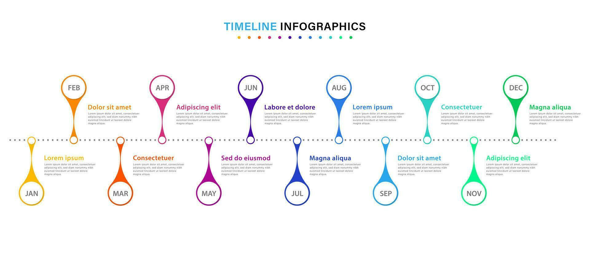 Infografik Zeitleiste Vorlage zum 1 Jahr. Geschäft Infografik Zeitleiste Design mit 12 Schritte oder Optionen. können Sein benutzt zum Arbeitsabläufe, Kalender Grundrisse, Diagramme, Präsentationen. Vektor Illustration