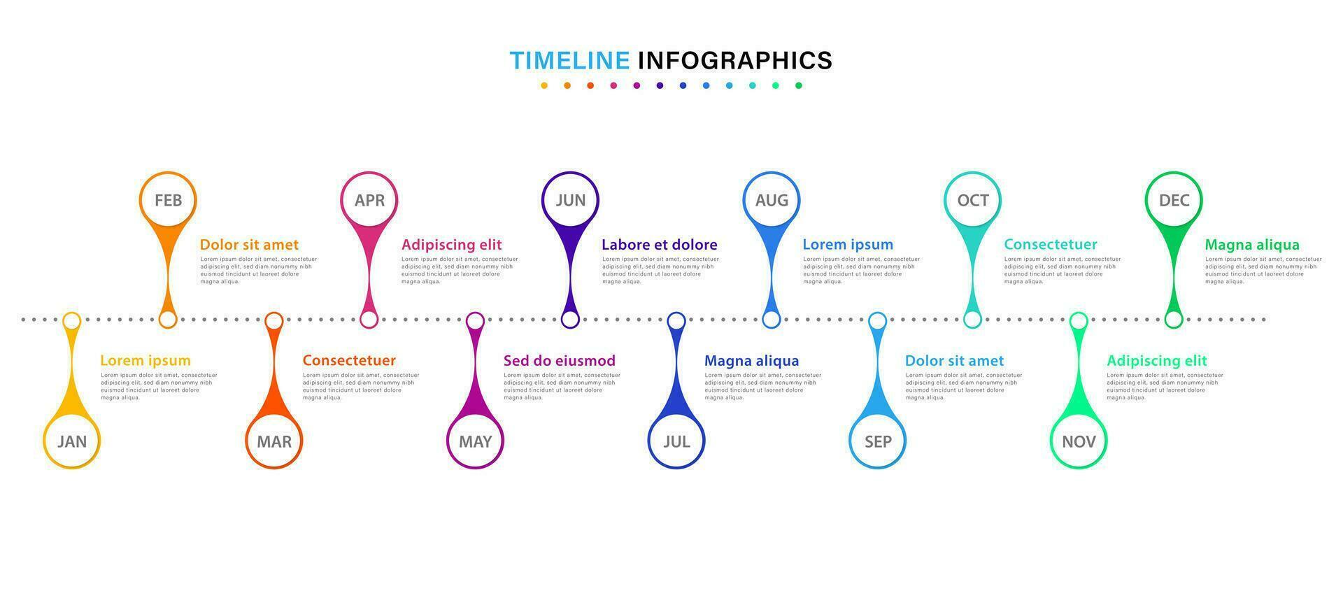 infographic tidslinje mall för 1 år. företag infographic tidslinje design med 12 steg eller alternativ. kan vara Begagnade för arbetsflöden, kalender layouter, diagram, presentationer. vektor illustration