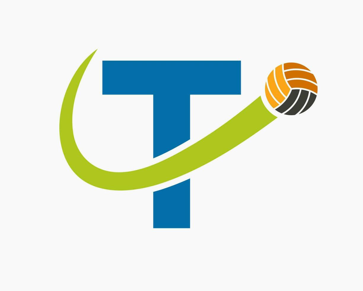 brev t volleyboll logotyp begrepp med rör på sig volley boll ikon. volleyboll sporter logotyp mall vektor